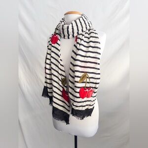 Kate Spade New York Cherry Stripe Scarf Black White Red Graphic Print